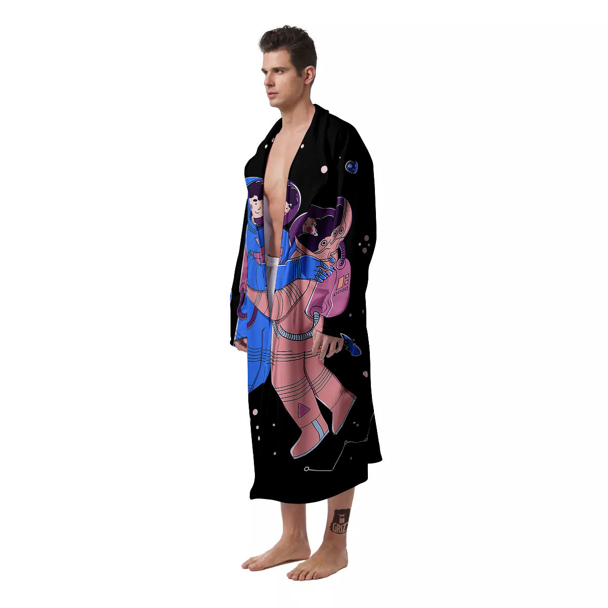 Couple Astronaut Travel In Space Print Men's Robe-grizzshop