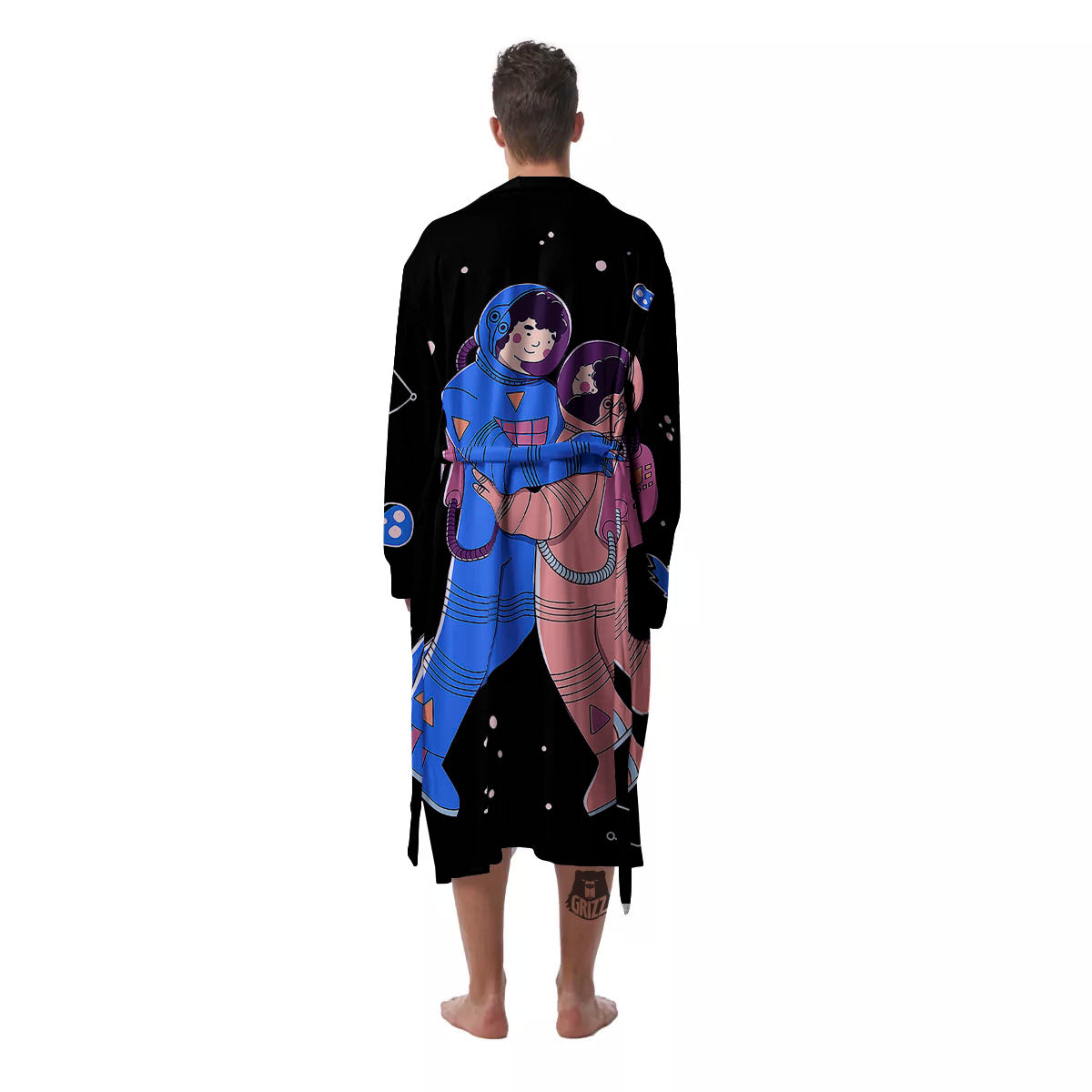 Couple Astronaut Travel In Space Print Men's Robe-grizzshop