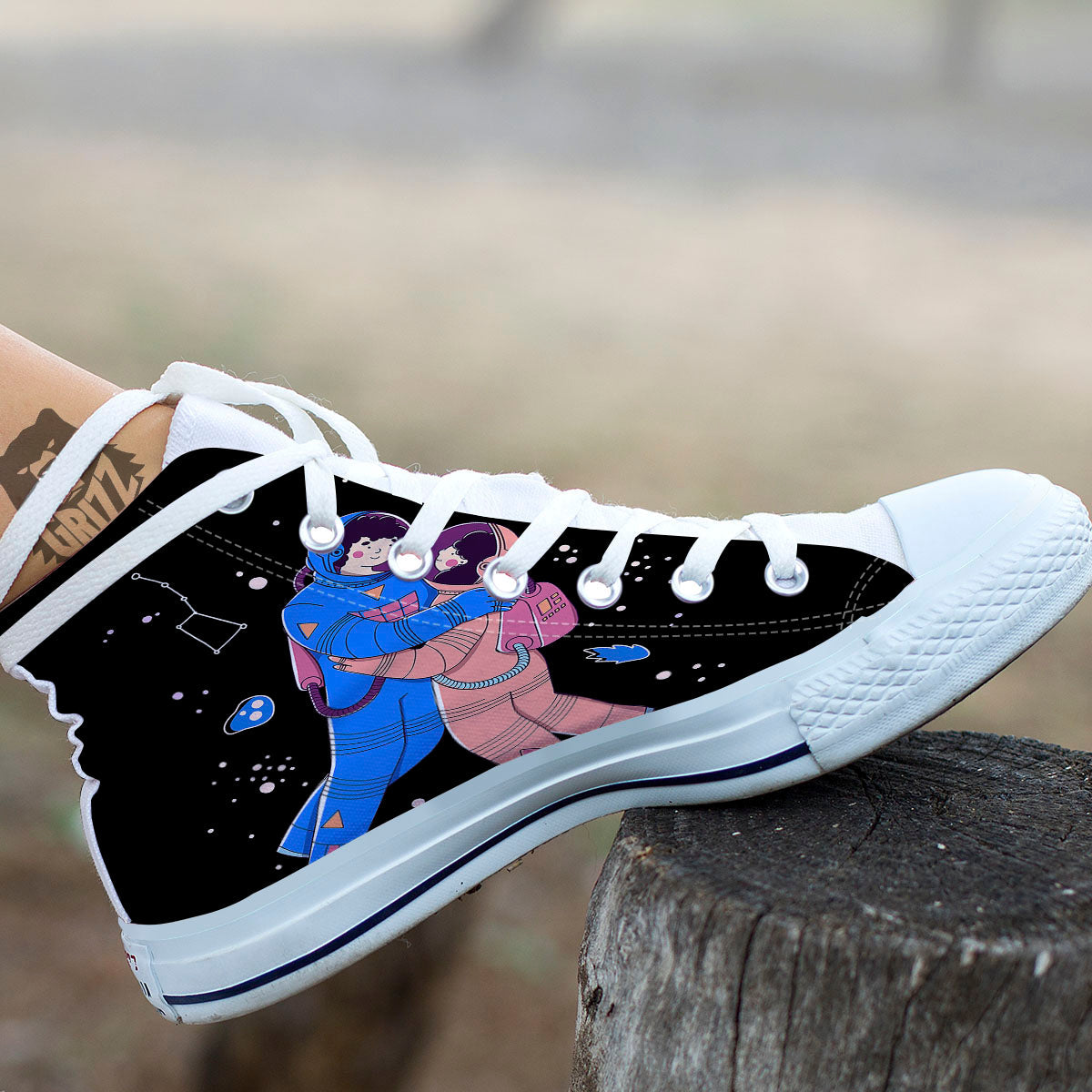 Couple Astronaut Travel In Space Print White High Top Shoes-grizzshop