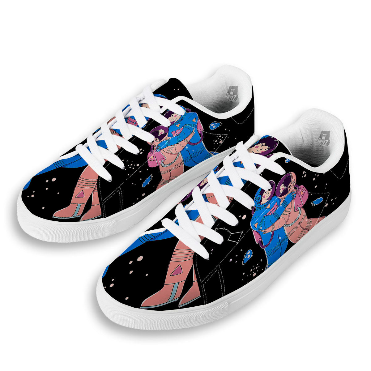 Couple Astronaut Travel In Space Print White Low Top Sneakers-grizzshop