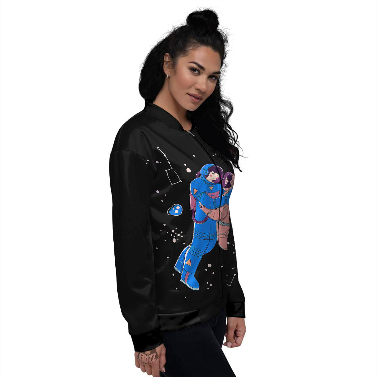 Couple Astronaut Travel In Space Print Women's Bomber Jacket-grizzshop