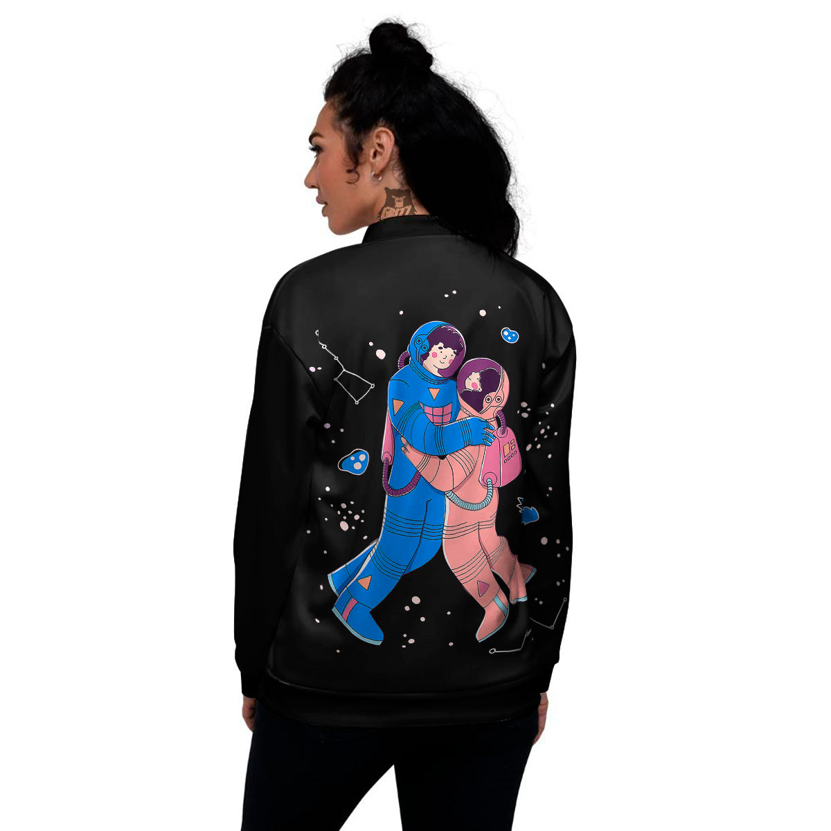 Couple Astronaut Travel In Space Print Women's Bomber Jacket-grizzshop