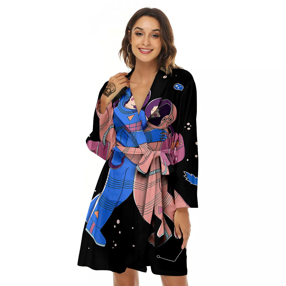 Couple Astronaut Travel In Space Print Women's Robe-grizzshop