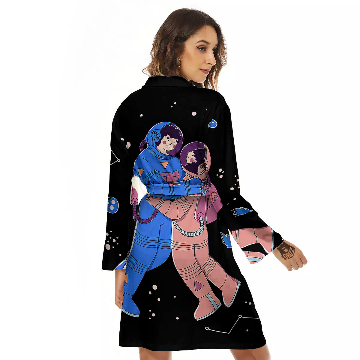 Couple Astronaut Travel In Space Print Women's Robe-grizzshop