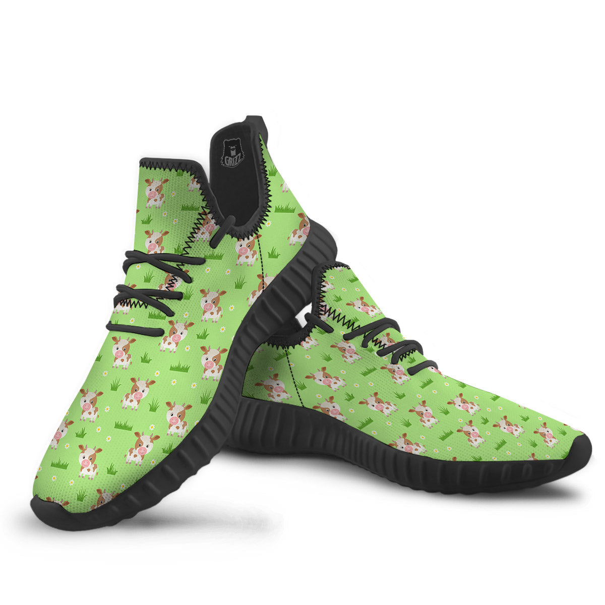 Cow And Green Grass Print Pattern Black Walking Shoes-grizzshop