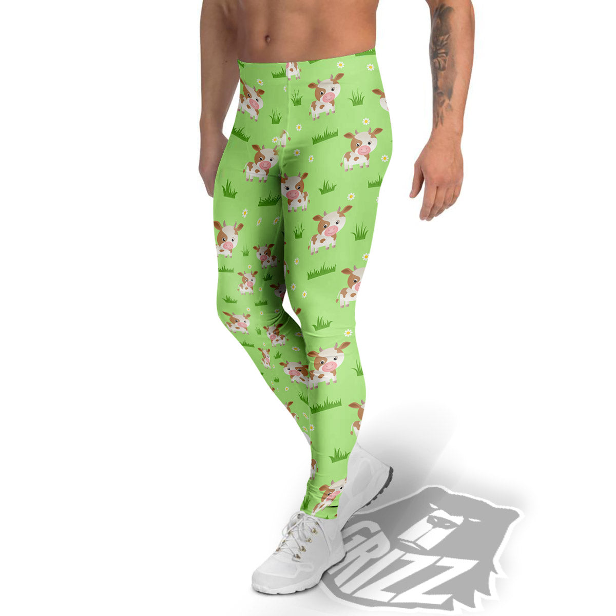 Cow And Green Grass Print Pattern Men's Leggings-grizzshop