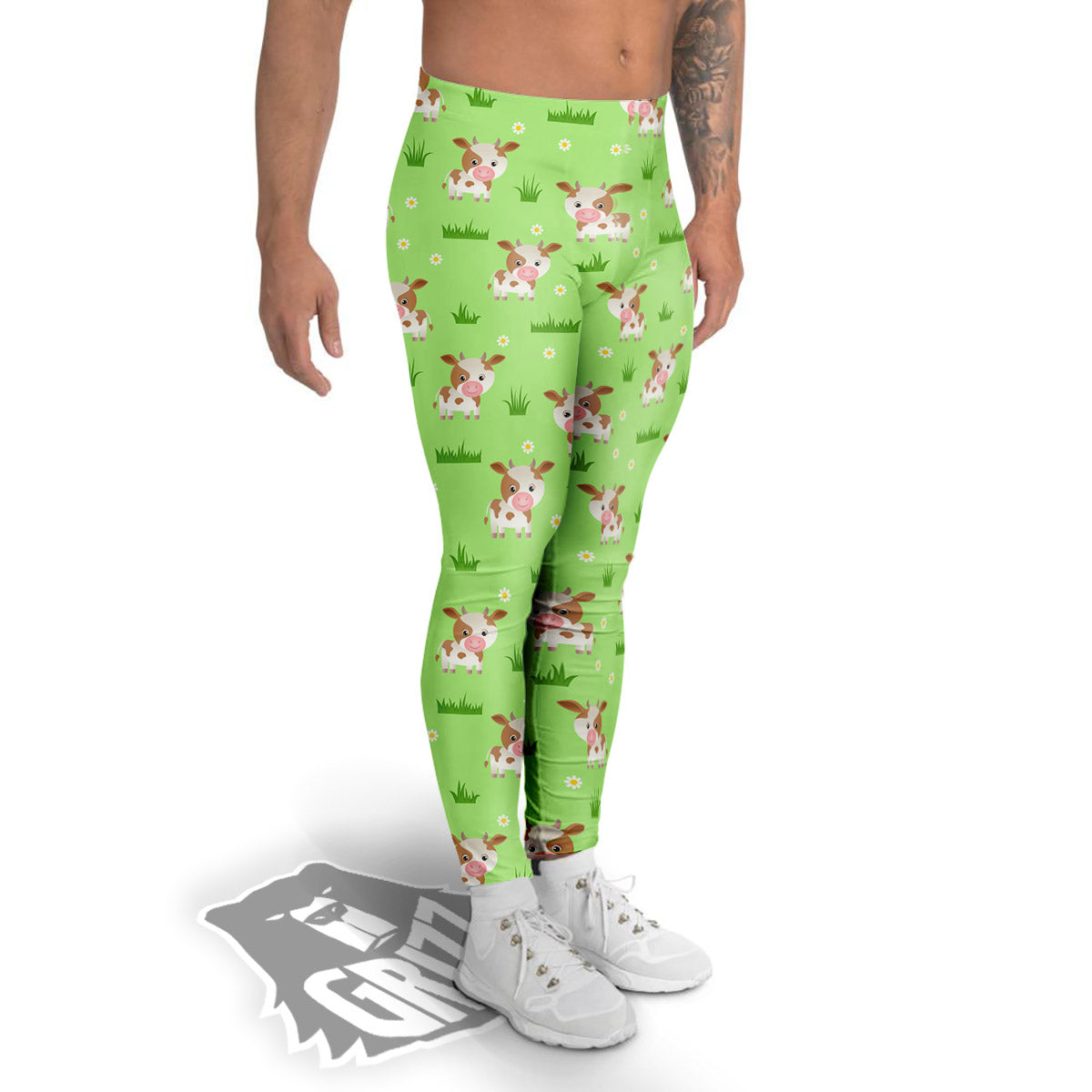 Cow And Green Grass Print Pattern Men's Leggings-grizzshop