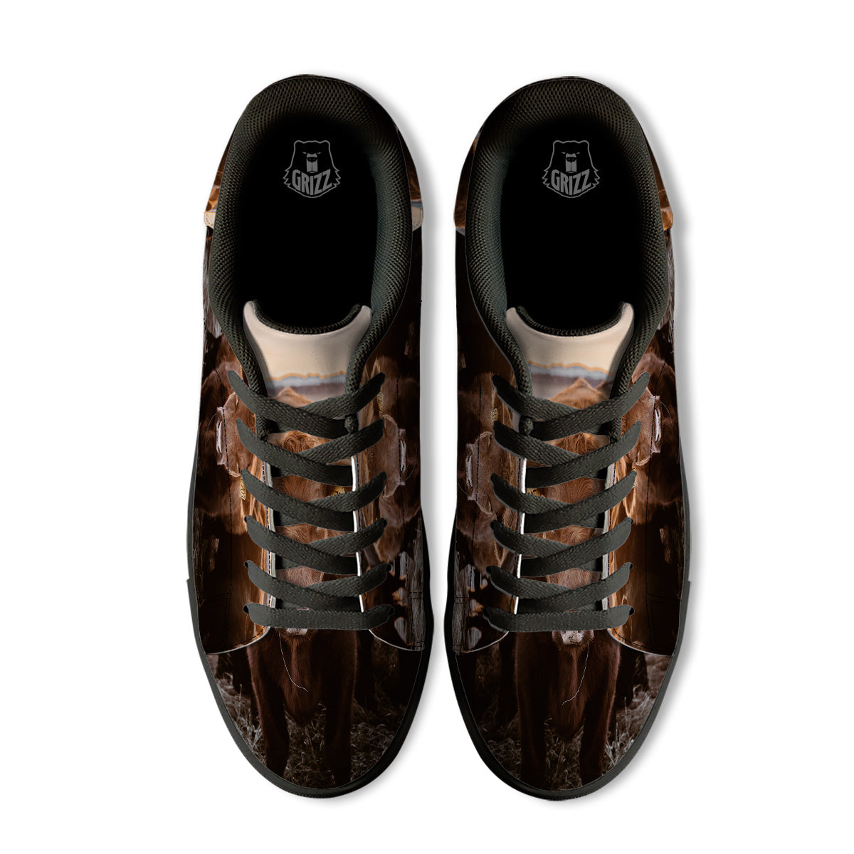 Cow Brown Print Black Low Top Sneakers-grizzshop