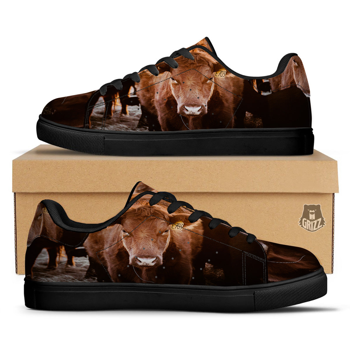 Cow Brown Print Black Low Top Sneakers-grizzshop