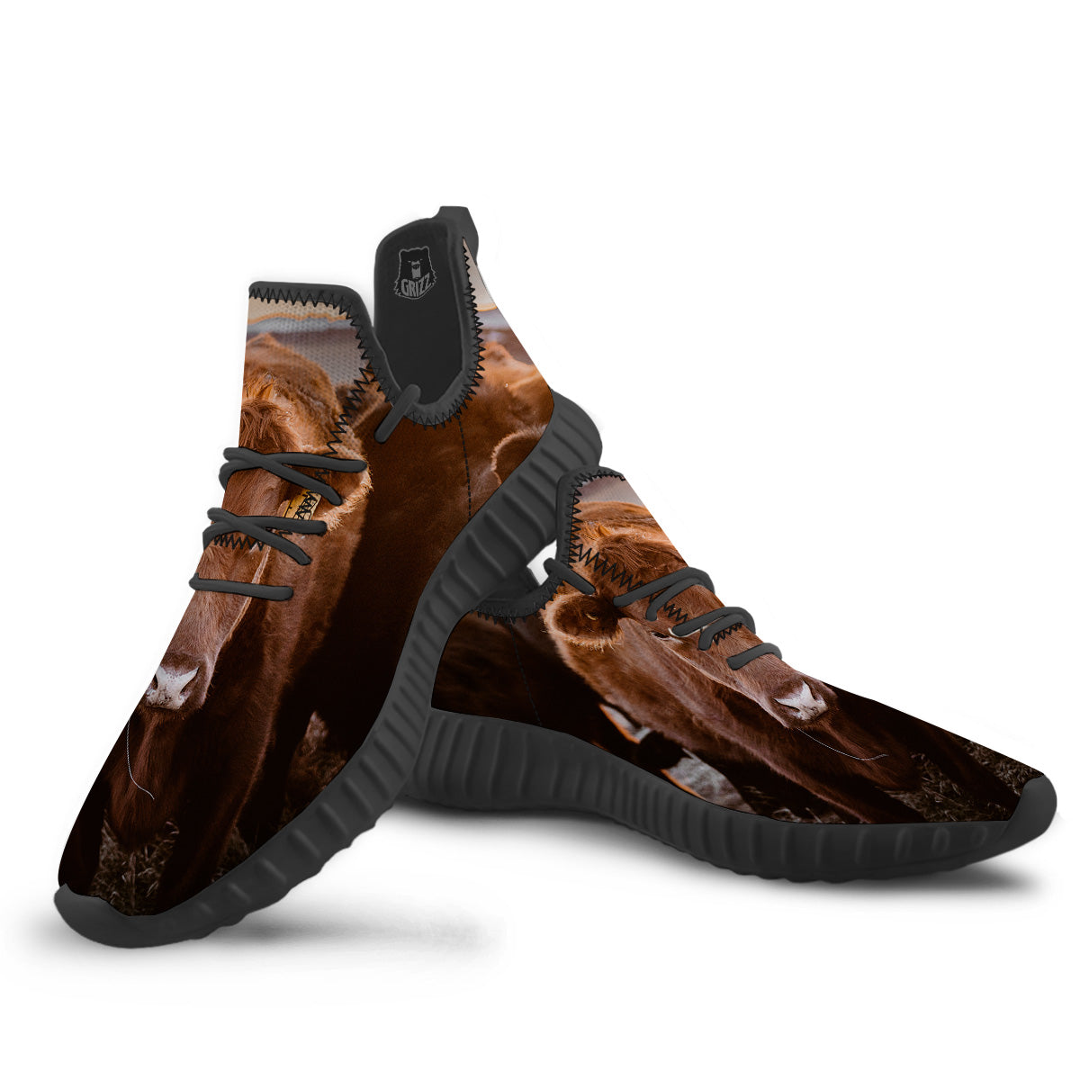 Cow Brown Print Black Walking Shoes-grizzshop
