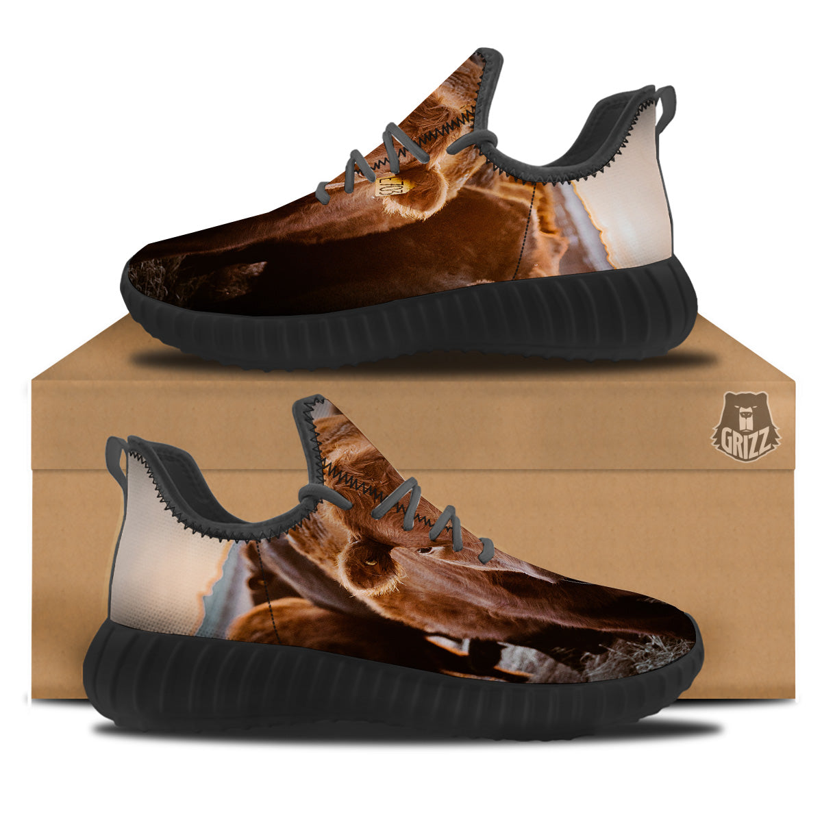 Cow Brown Print Black Walking Shoes-grizzshop