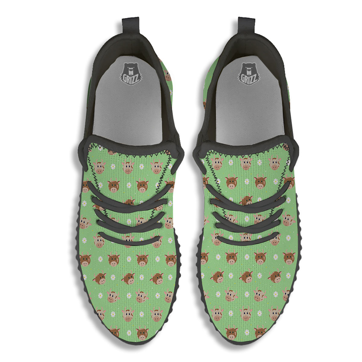 Cow Cartoon And Daisy Flower Print Black Walking Shoes-grizzshop