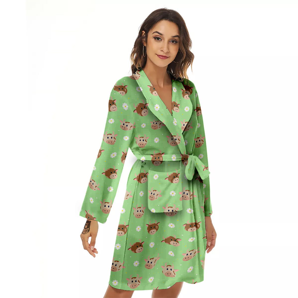 Cow Cartoon And Daisy Flower Print Women's Robe-grizzshop