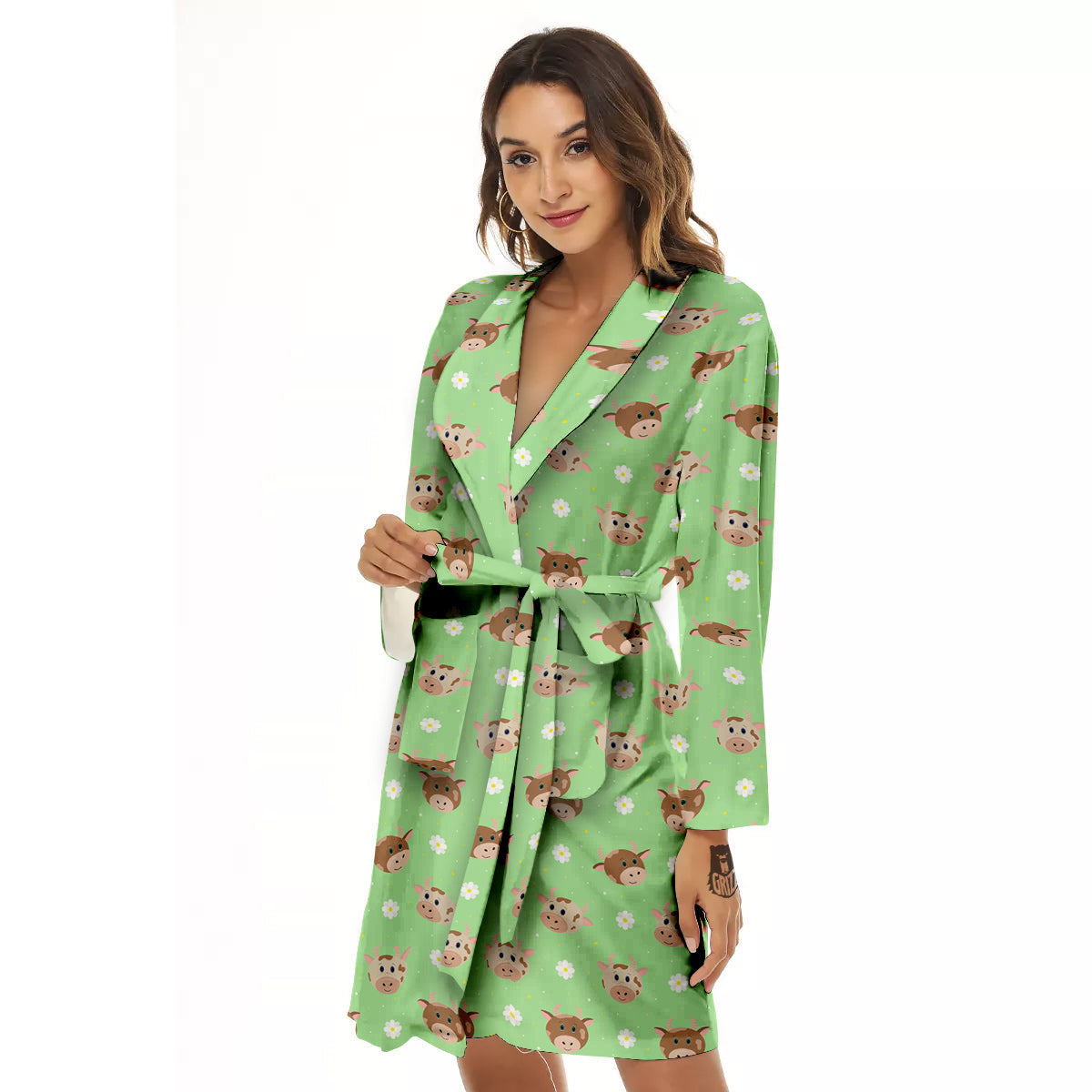 Cow Cartoon And Daisy Flower Print Women's Robe-grizzshop
