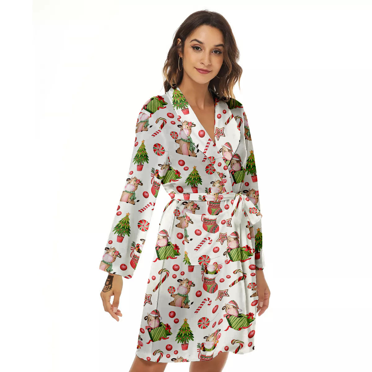 Cow Christmas Print Pattern Women's Robe-grizzshop