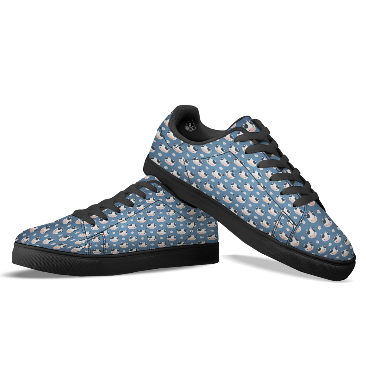 Cow Cute And Daisy Flower Print Pattern Black Low Top Sneakers-grizzshop