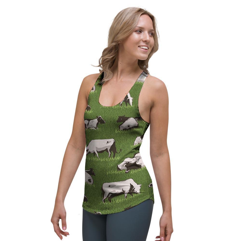 Cow In Grass Print Women's Racerback Tank Top-grizzshop