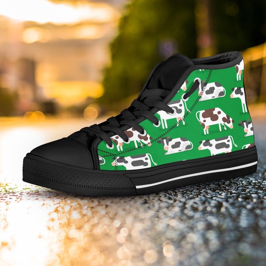 Cow In Green Grass Print Women's High Top Shoes-grizzshop