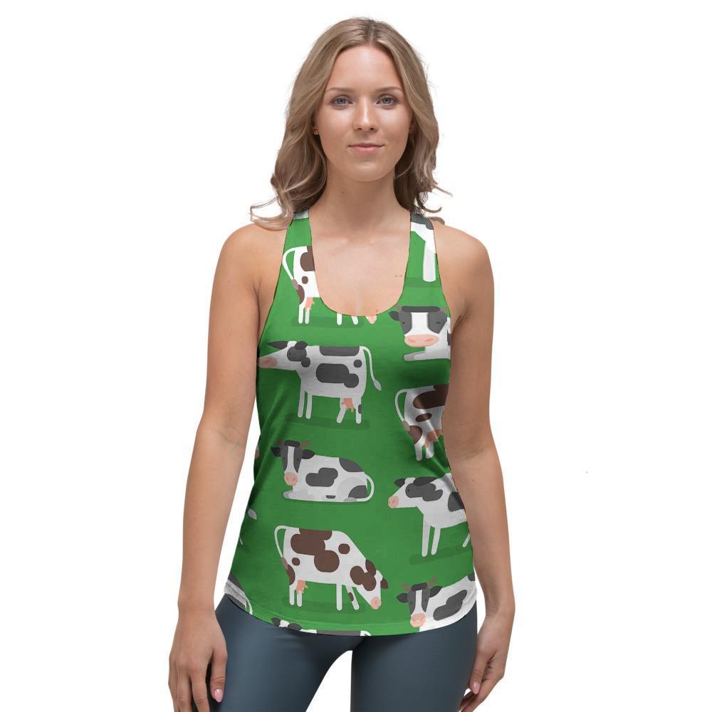 Cow In Green Grass Print Women's Racerback Tank Top-grizzshop