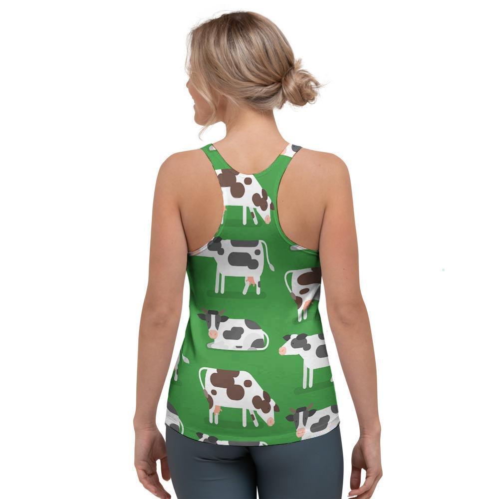 Cow In Green Grass Print Women's Racerback Tank Top-grizzshop