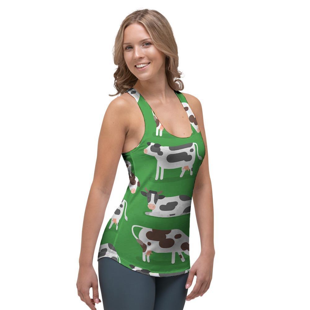 Cow In Green Grass Print Women's Racerback Tank Top-grizzshop