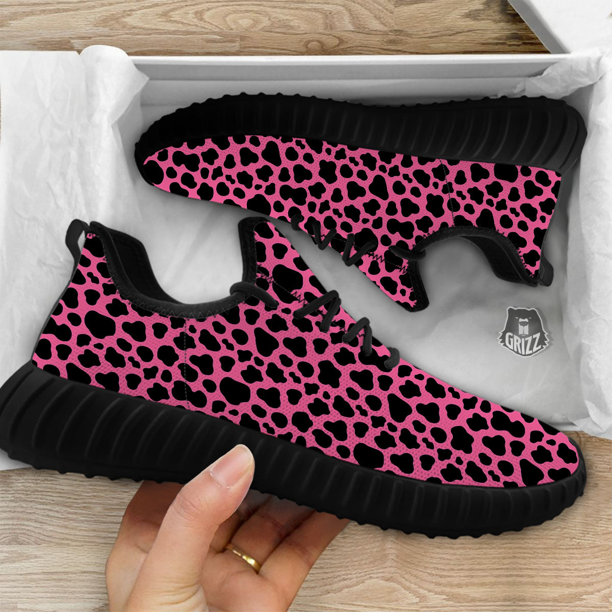 Cow Pink And Black Print Black Walking Shoes-grizzshop