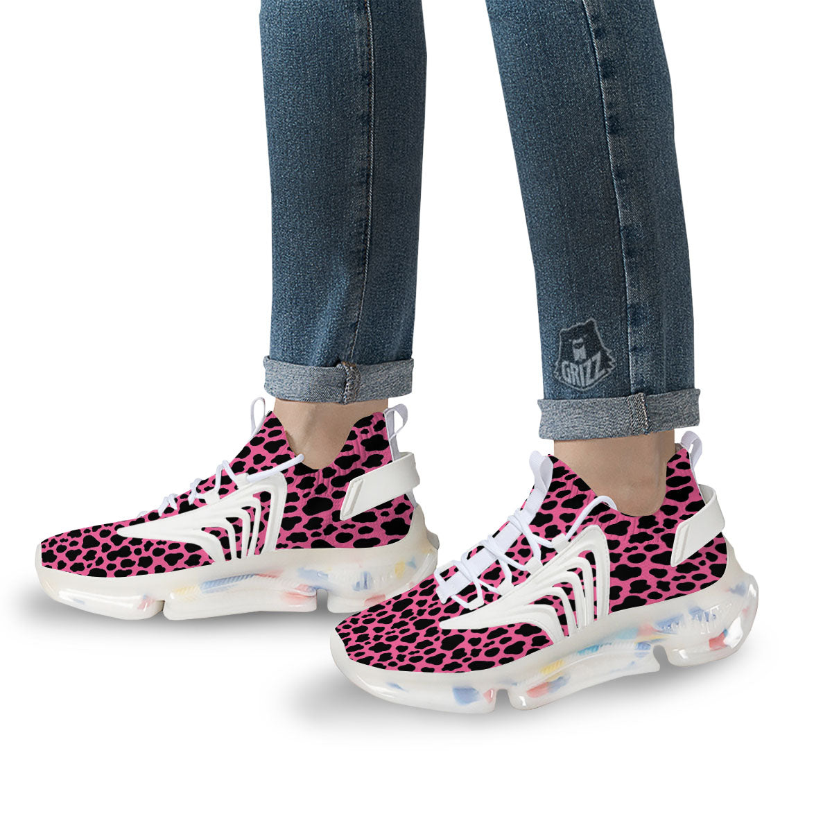 Cow Pink And Black Print White Gym Shoes-grizzshop