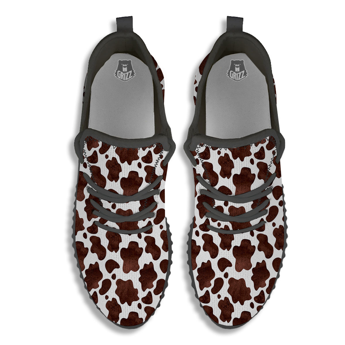 Cow White And Brown Print Black Walking Shoes-grizzshop