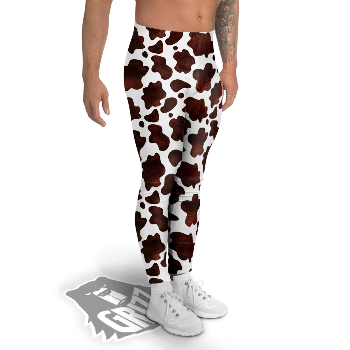 Cow White And Brown Print Men's Leggings-grizzshop