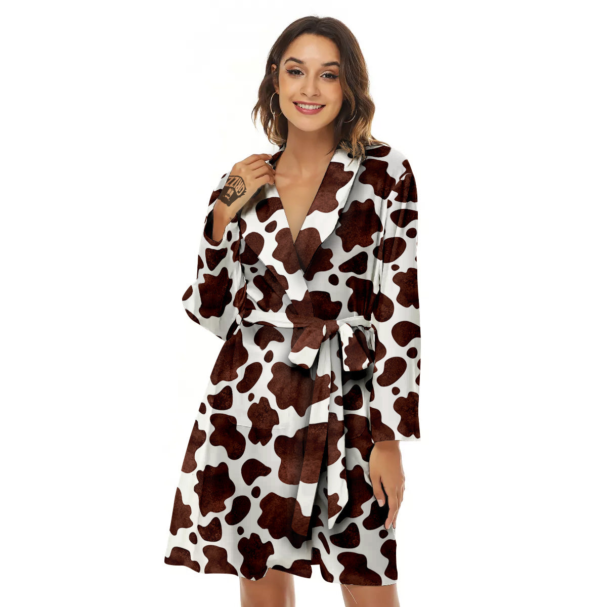Cow White And Brown Print Women's Robe-grizzshop