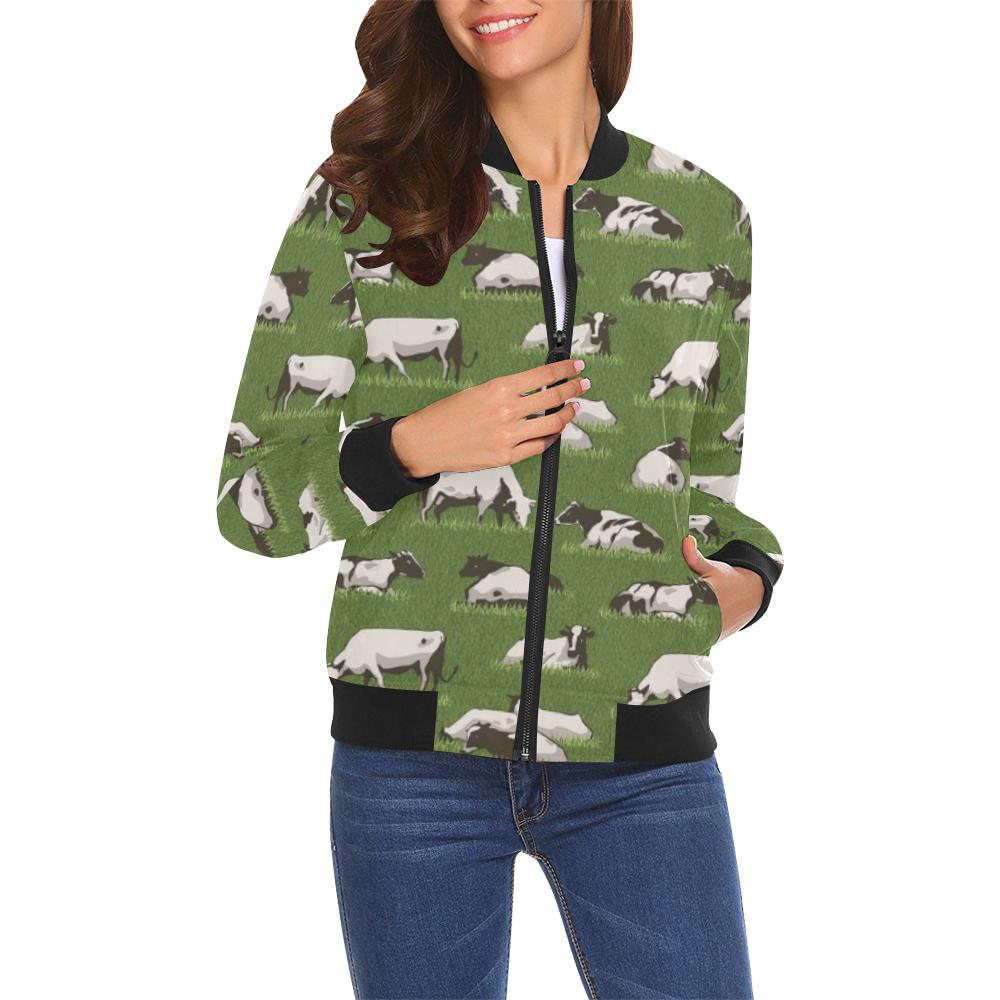 Cow Farm Pattern Print Women Casual Bomber Jacket-grizzshop