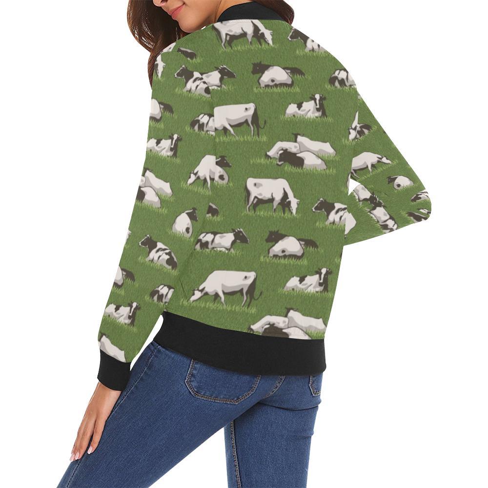 Cow Farm Pattern Print Women Casual Bomber Jacket-grizzshop