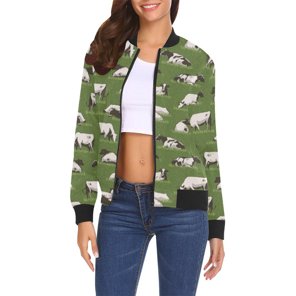 Cow Farm Pattern Print Women Casual Bomber Jacket-grizzshop