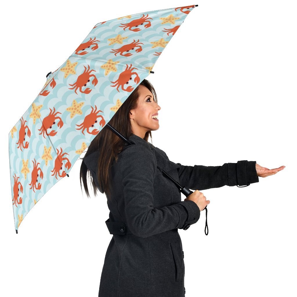 Crab Starfish Pattern Print Automatic Foldable Umbrella-grizzshop