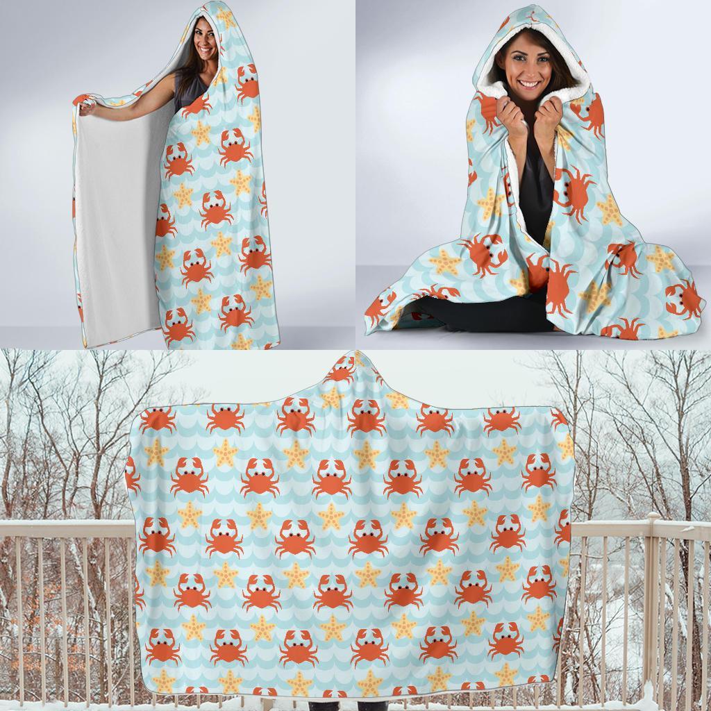 Crab Starfish Pattern Print Hooded Blanket-grizzshop