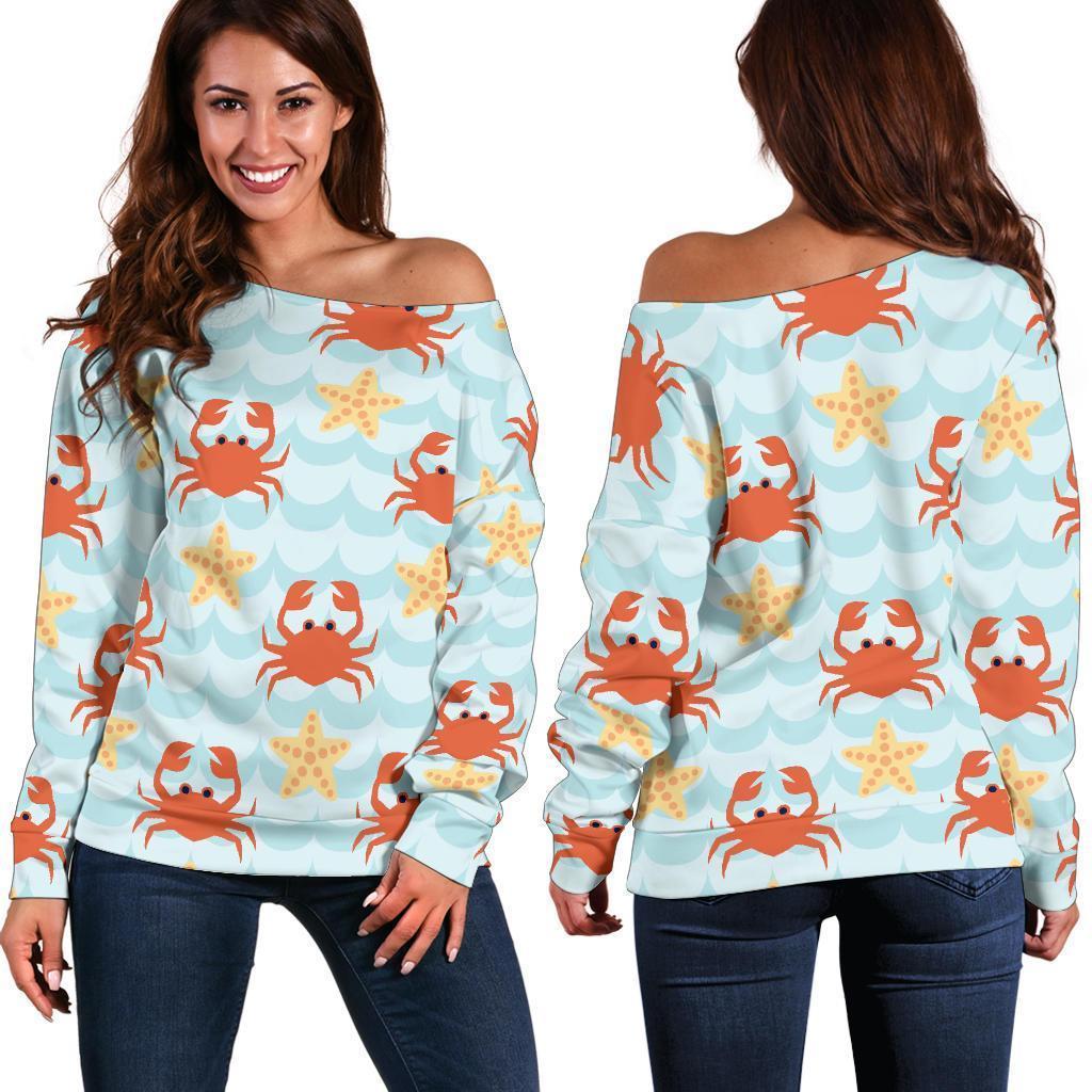 Crab Starfish Pattern Print Women Off Shoulder Sweatshirt-grizzshop