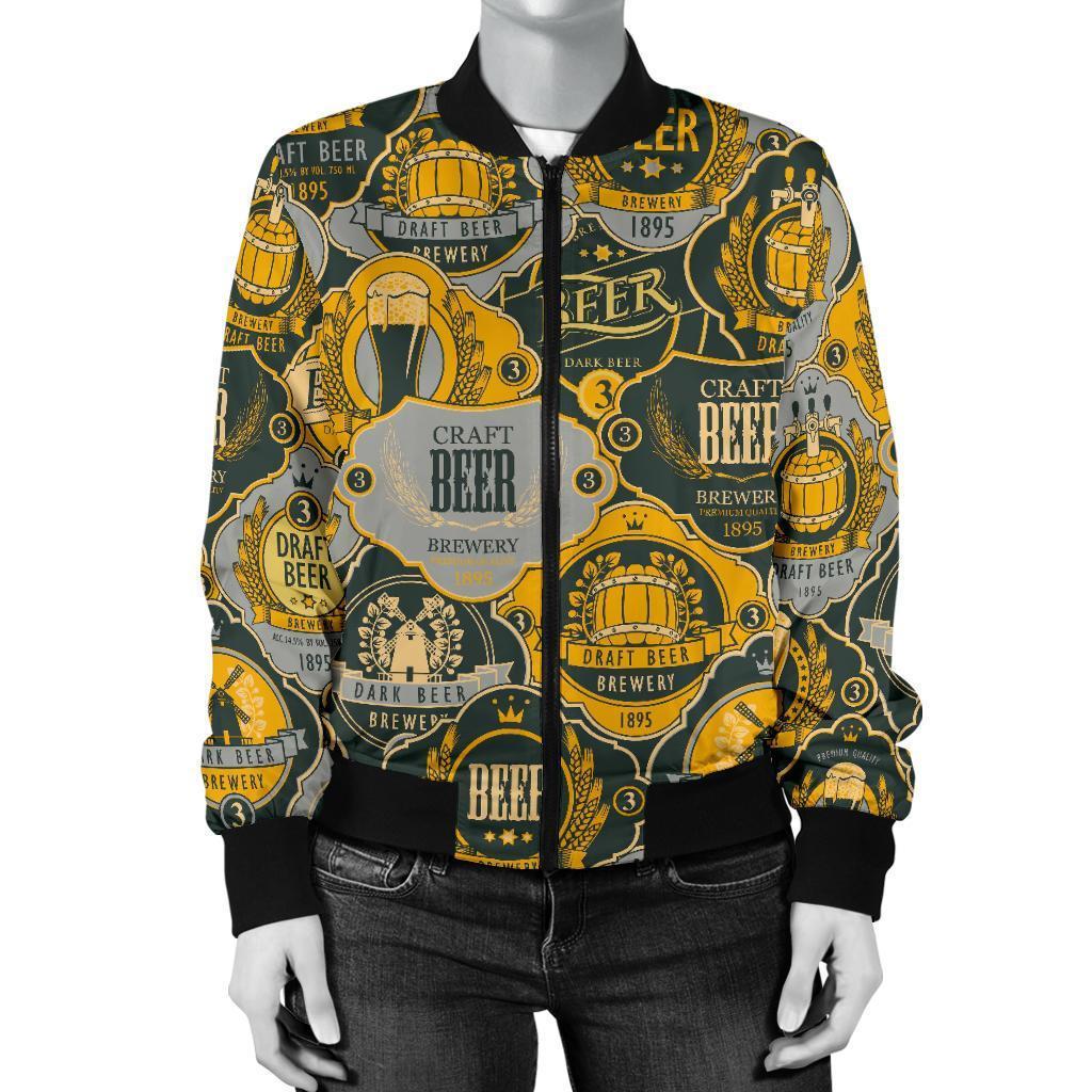Craft Beer Pattern Print Women Casual Bomber Jacket-grizzshop