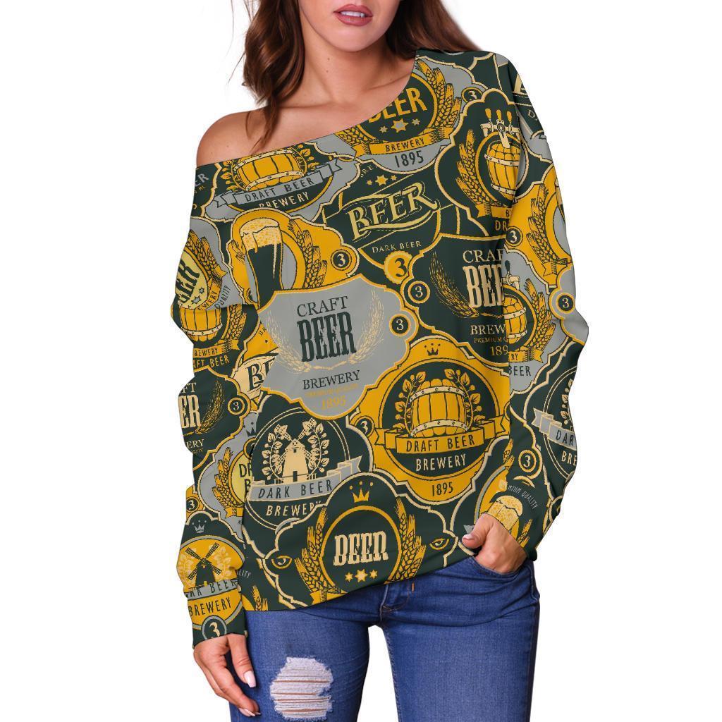 Craft Beer Pattern Print Women Off Shoulder Sweatshirt-grizzshop