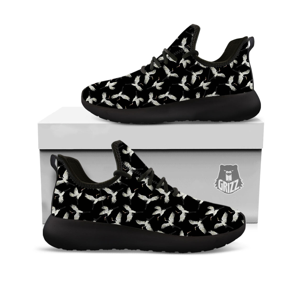 Crane Bird Flying Print Pattern Black Athletic Shoes-grizzshop