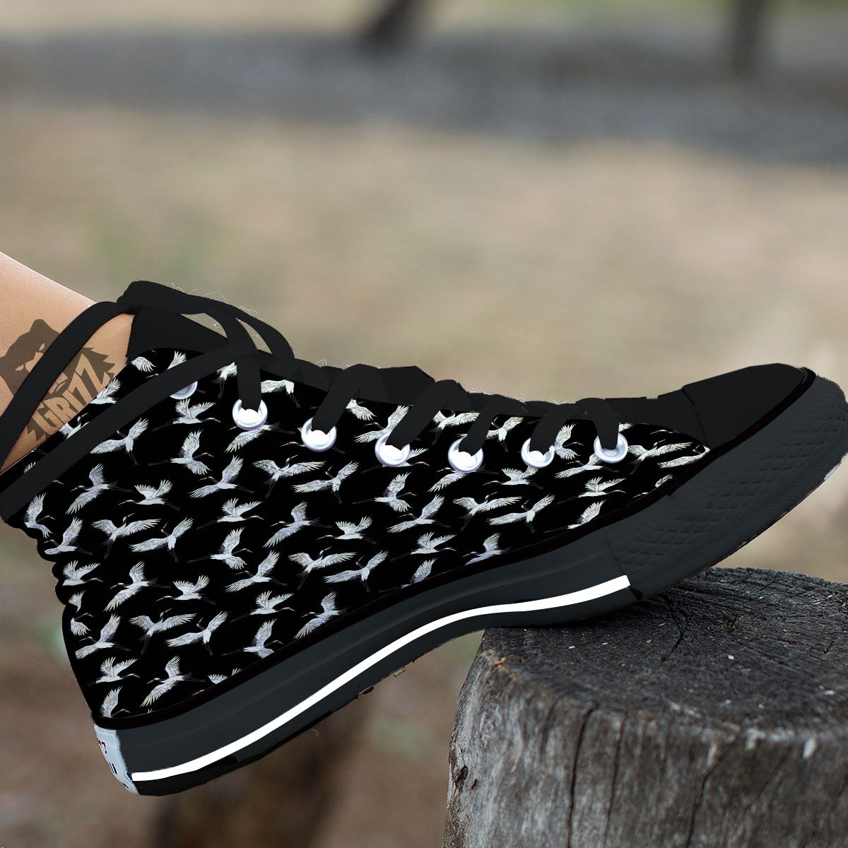 Crane Bird Flying Print Pattern Black High Top Shoes-grizzshop