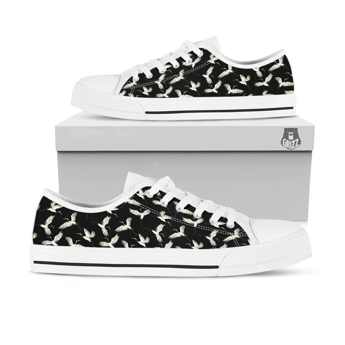 Crane Bird Flying Print Pattern White Low Top Shoes-grizzshop