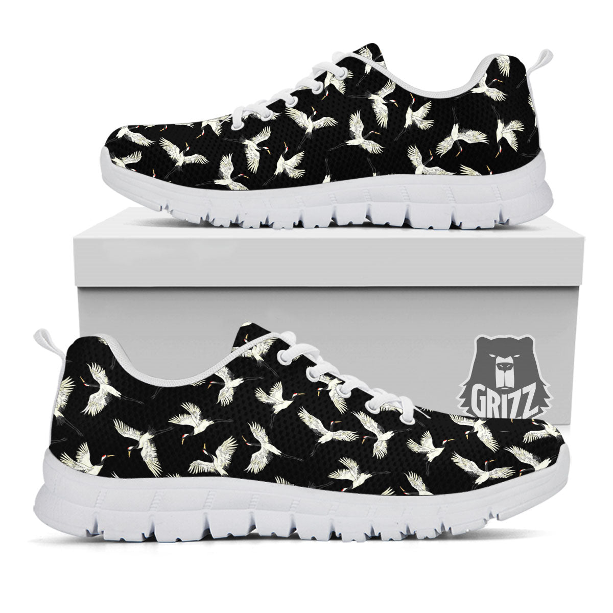 Crane Bird Flying Print Pattern White Sneaker-grizzshop