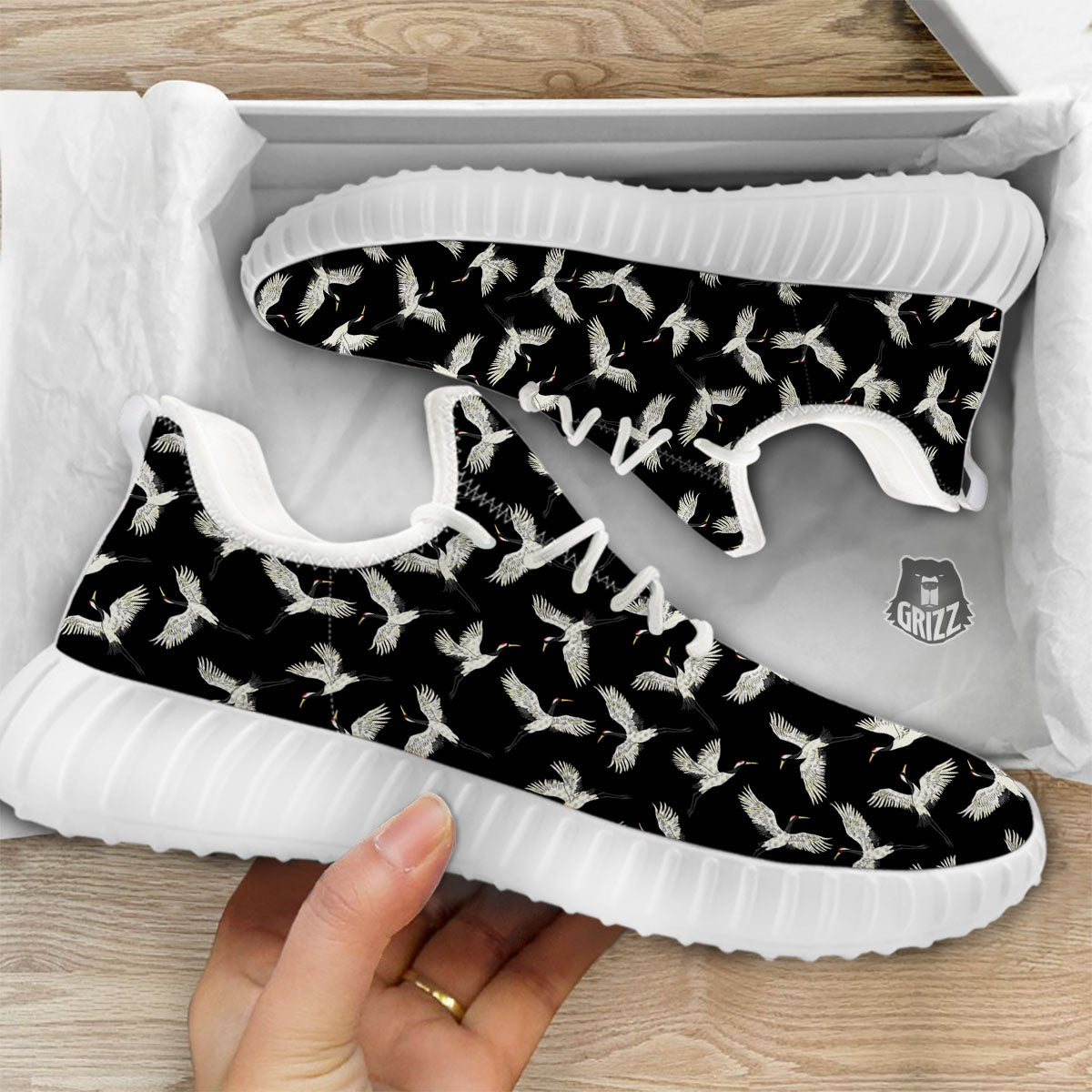 Crane Bird Flying Print Pattern White Walking Shoes-grizzshop