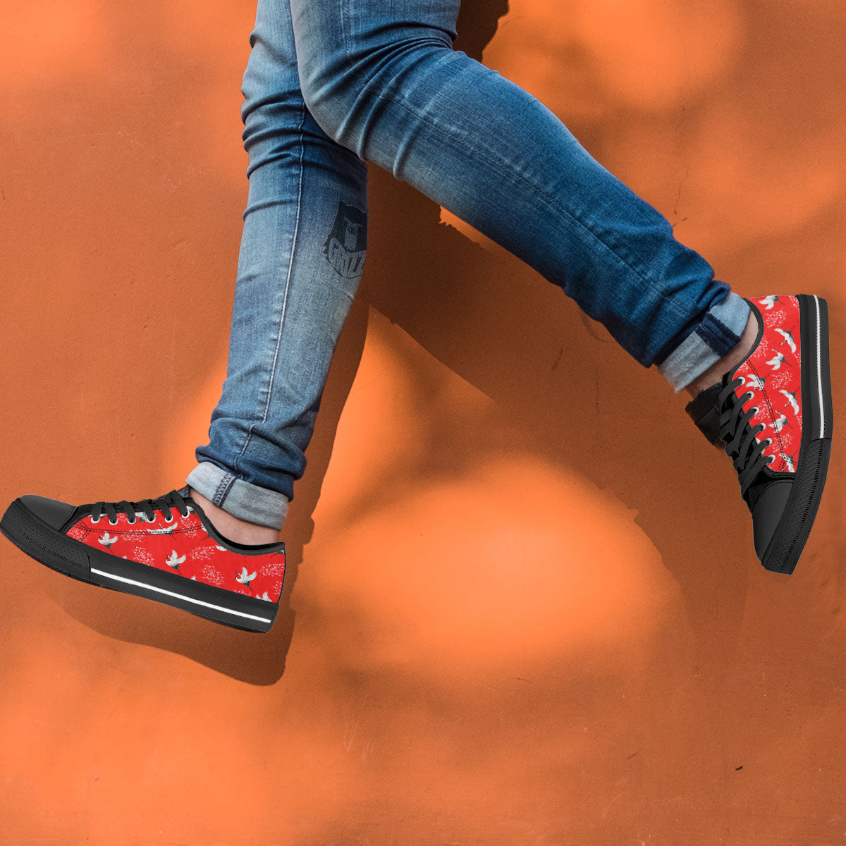 Crane Bird Japanese Print Pattern Black Low Top Shoes-grizzshop