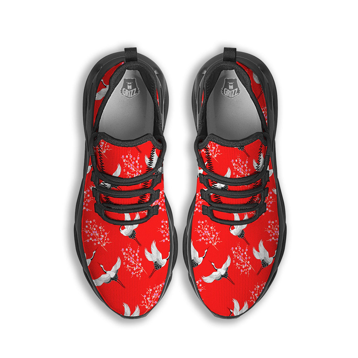 Crane Bird Japanese Print Pattern Black Running Shoes-grizzshop