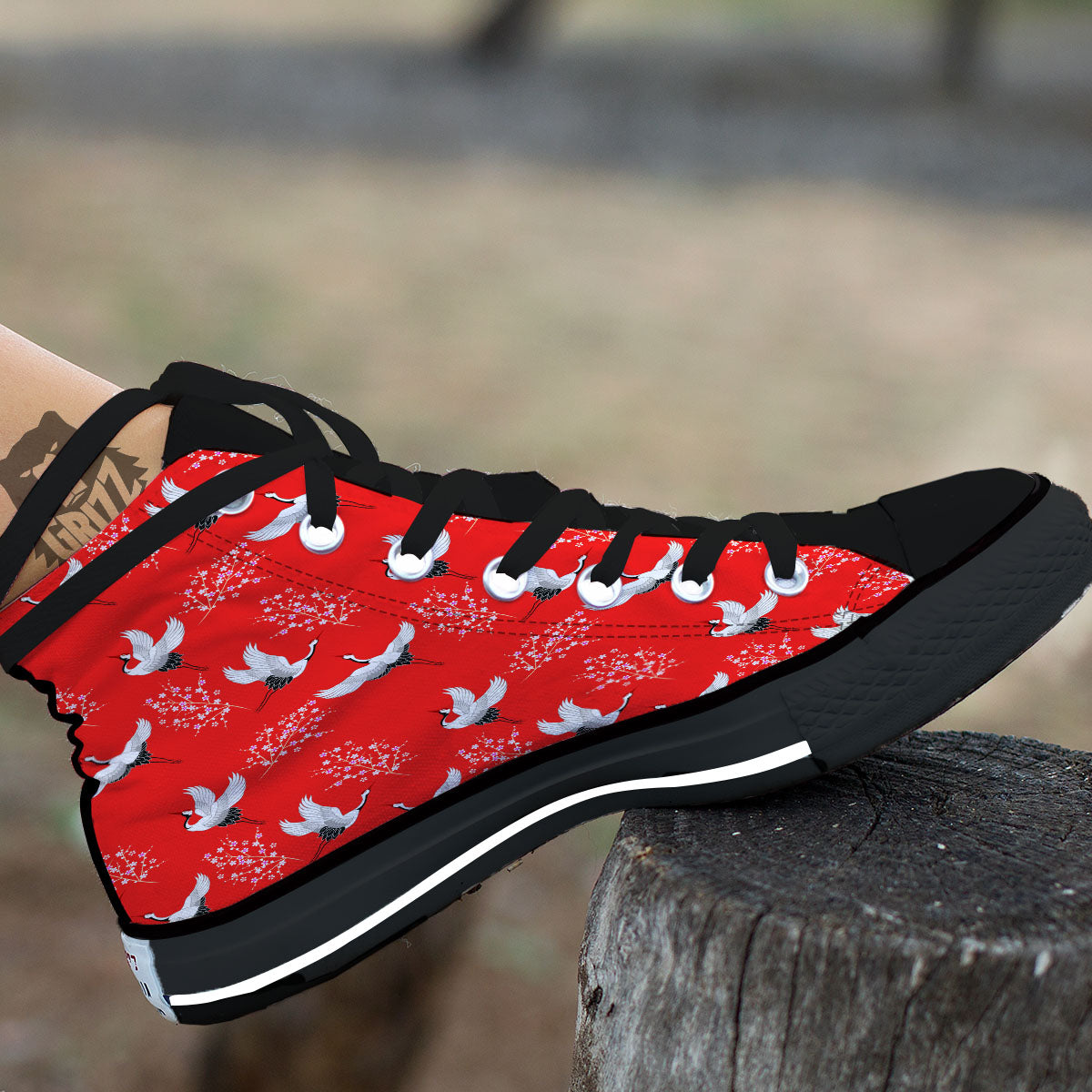 Crane Bird Japanese Print Pattern High Top Shoes-grizzshop