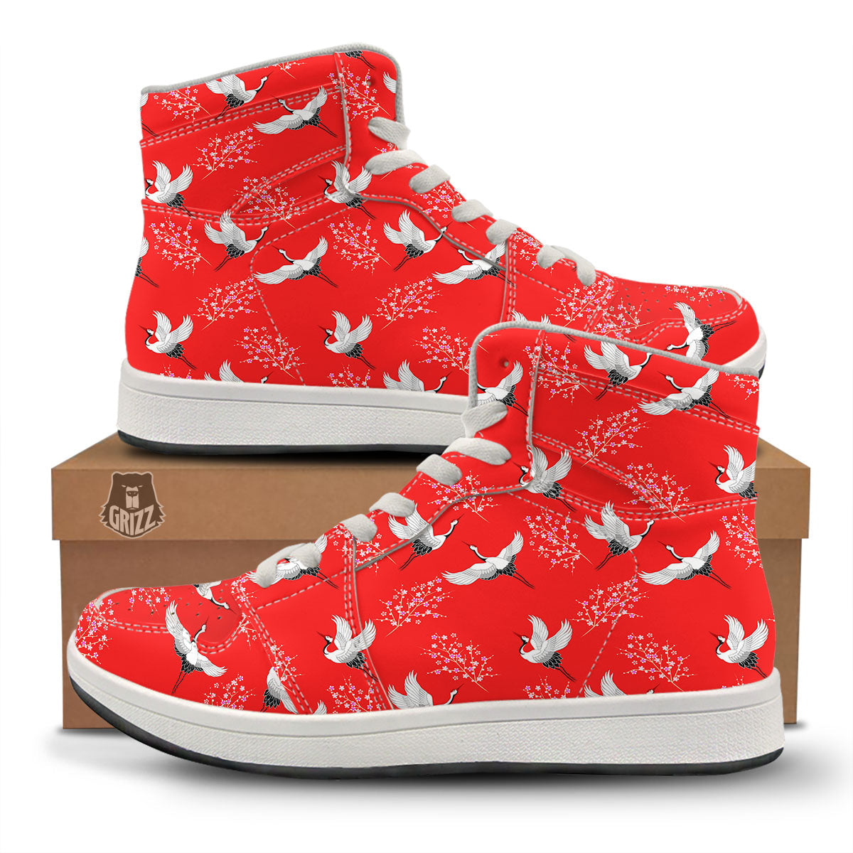 Crane Bird Japanese Print Pattern High Top Sneakers-grizzshop