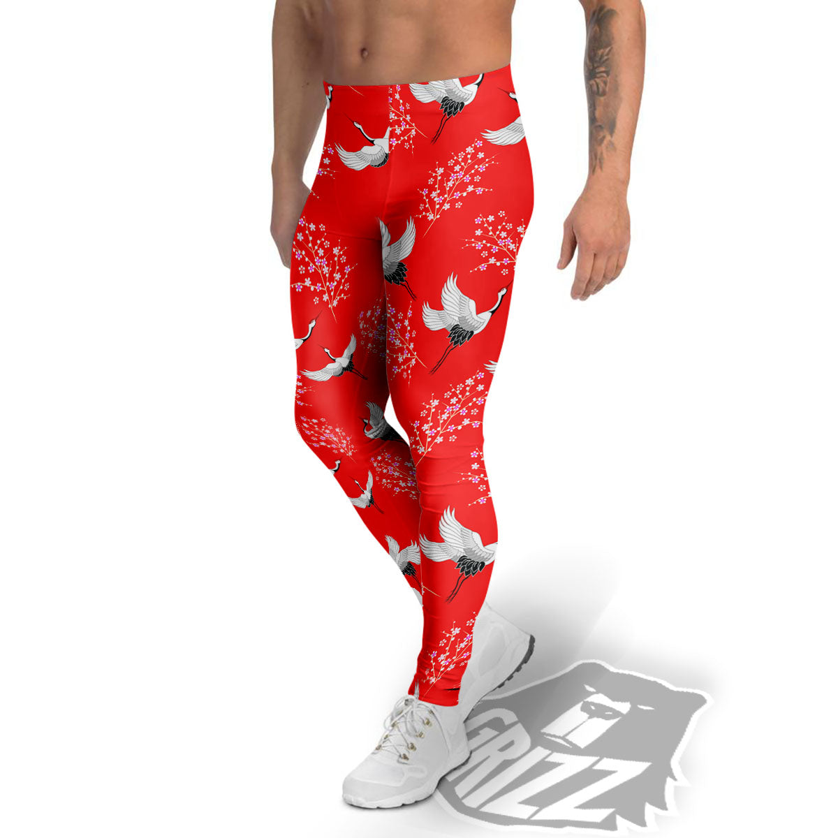 Crane Bird Japanese Print Pattern Men's Leggings-grizzshop