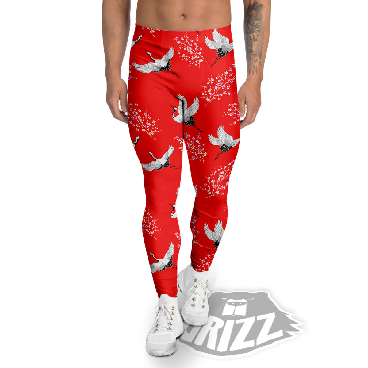 Crane Bird Japanese Print Pattern Men's Leggings-grizzshop