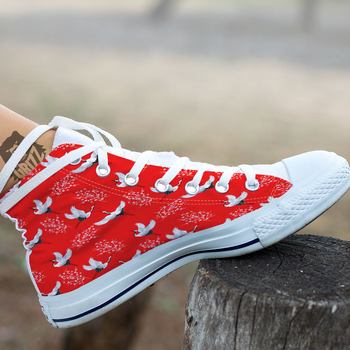 Crane Bird Japanese Print Pattern White High Top Shoes-grizzshop